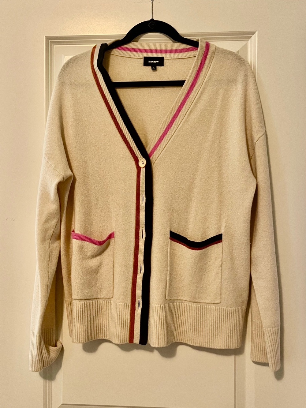 Monrow Cream V-Neck Cashmere Stripe Trim Cardigan